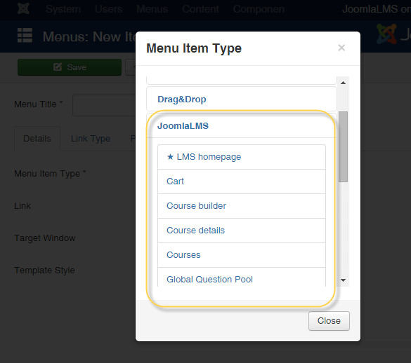 Add JoomLMS menu