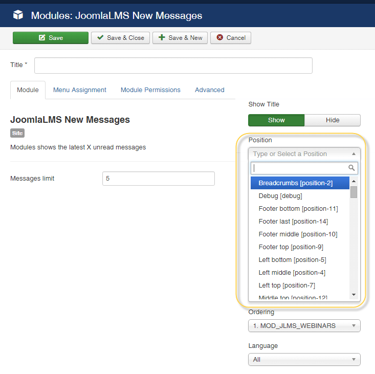 JoomLMS modules position