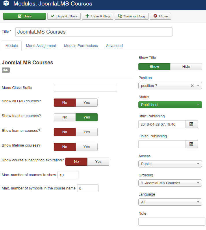 JoomLMS courses module settings